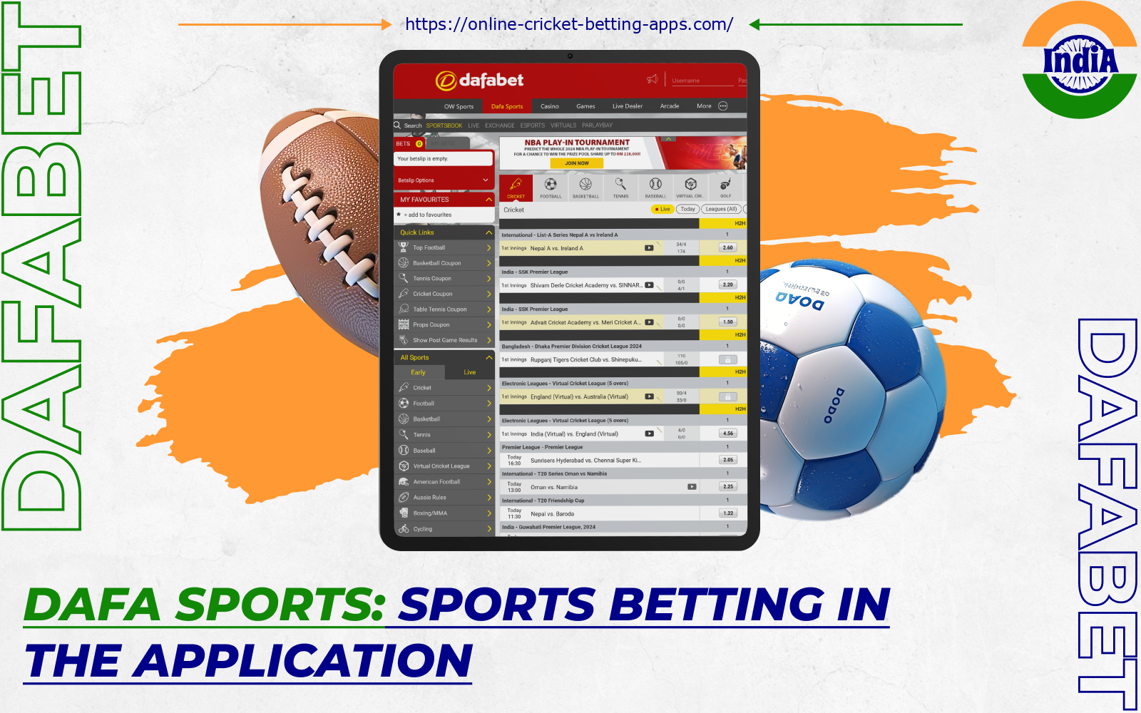 The Dafa India sports app brings together a full range of betting options on over 30 popular sports disciplines