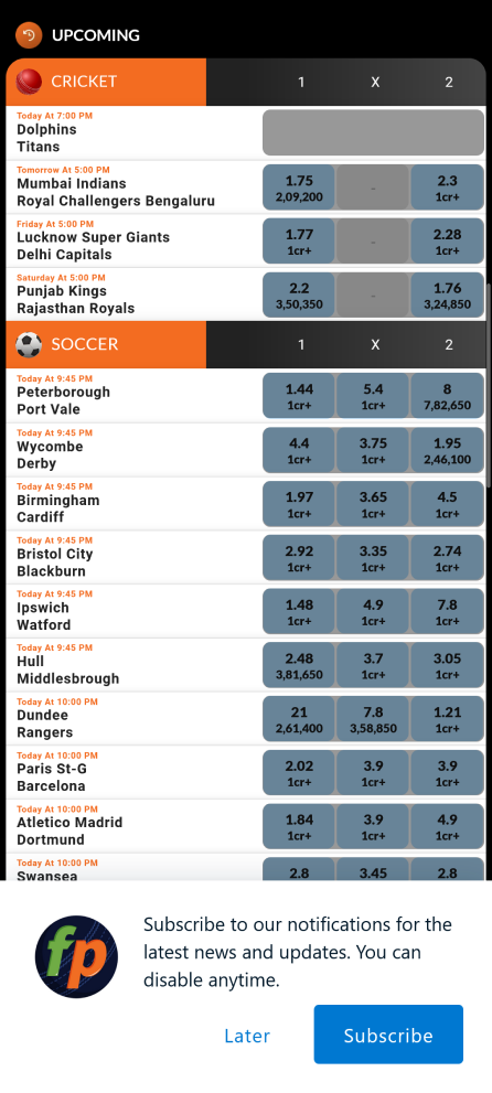 Screenshot of sports betting in the Fairplay app