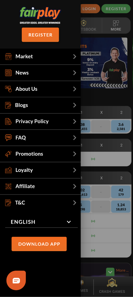Screenshot of the menu in the Fairplay app