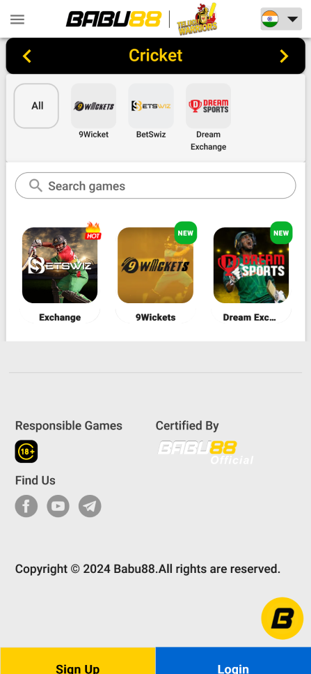 Cricket section in the Babu88 app