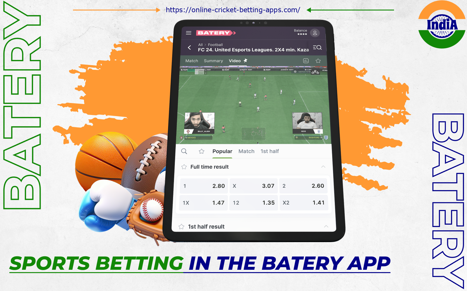 The Batery app offers odds on over 35 sports: cricket, kabaddi, soccer, tennis, basketball and more