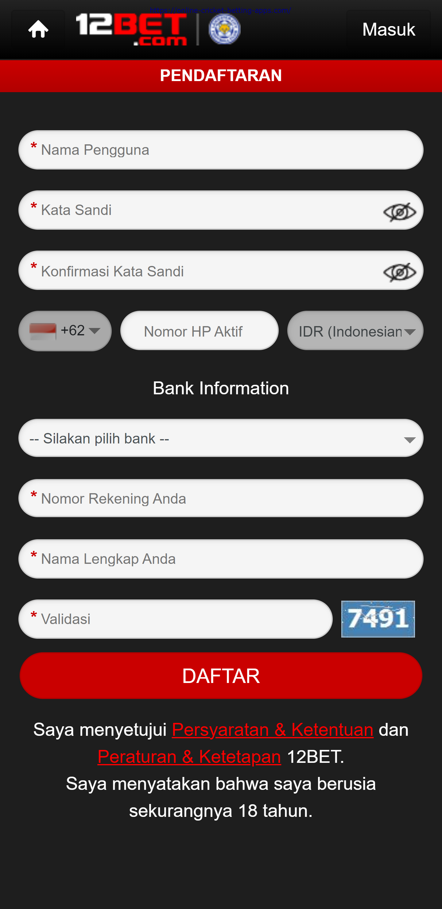 12bet app registration page