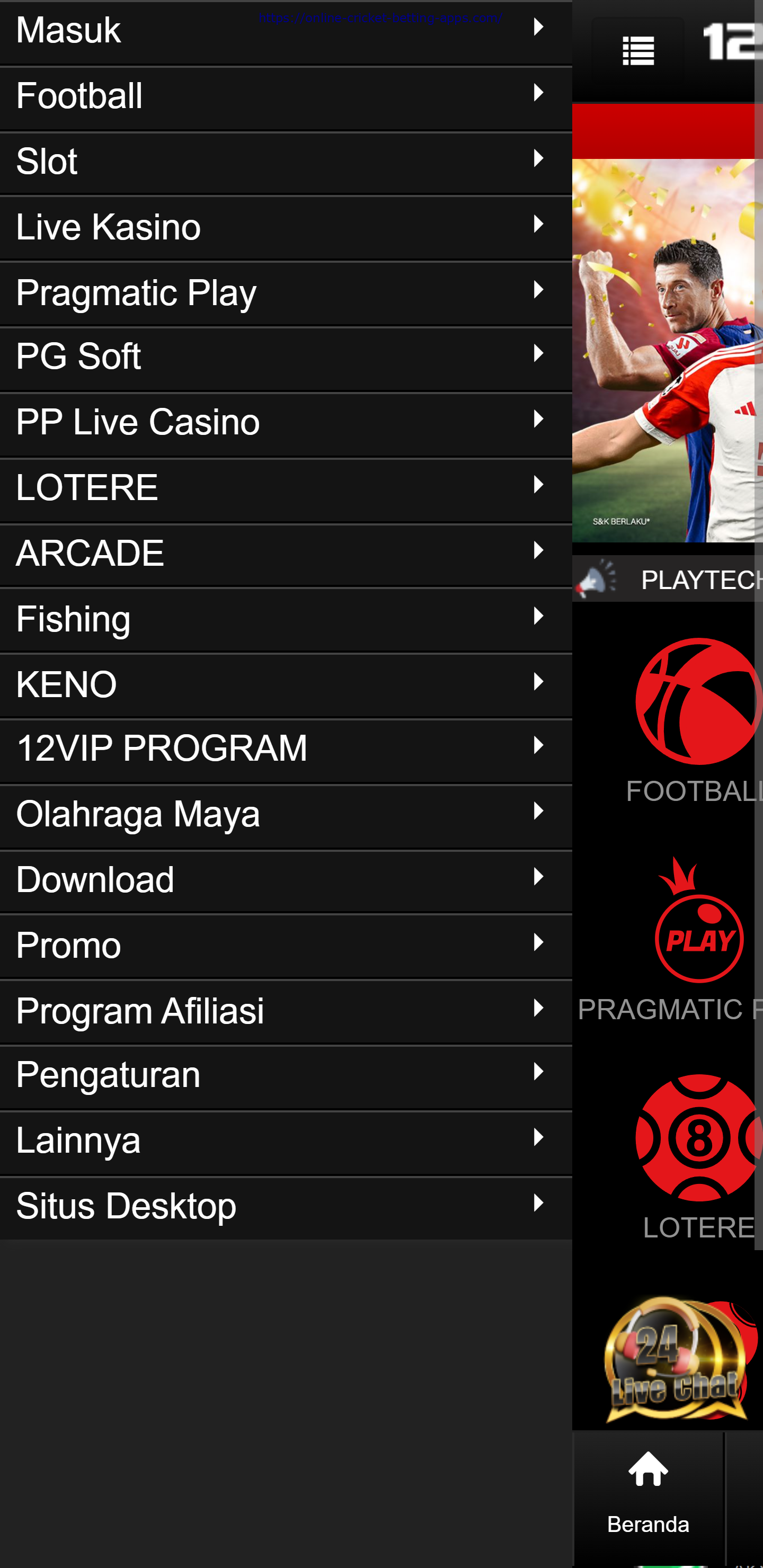 12bet Mobile App Menu