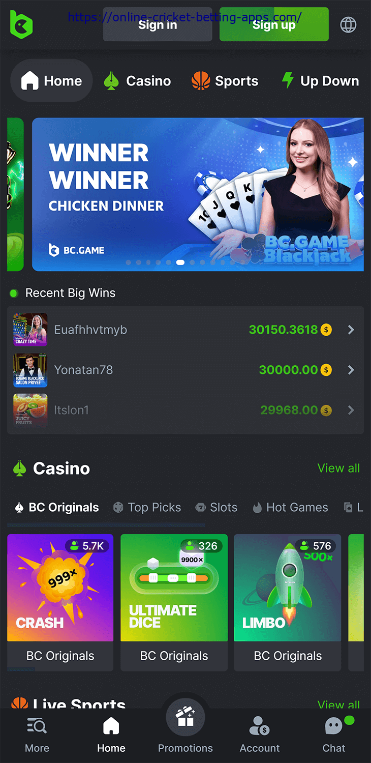 BC.Game app home page