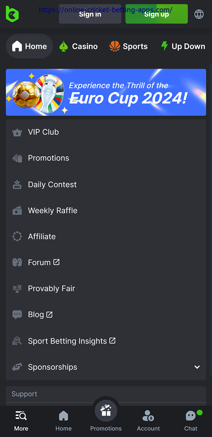 BC.Game mobile app menu