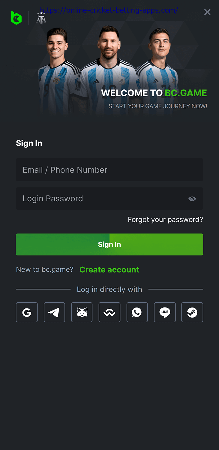 BC.Game app registration page