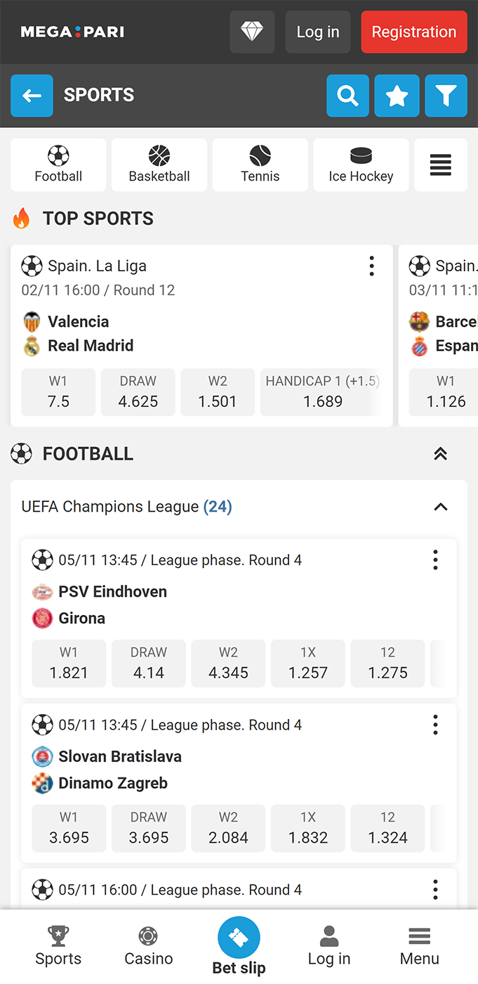 Sports betting section in the Megapari app