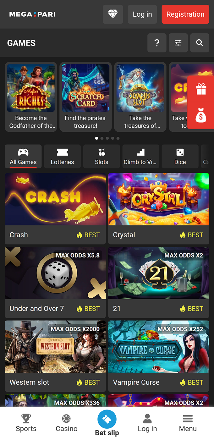 Casino section in the Megapari app