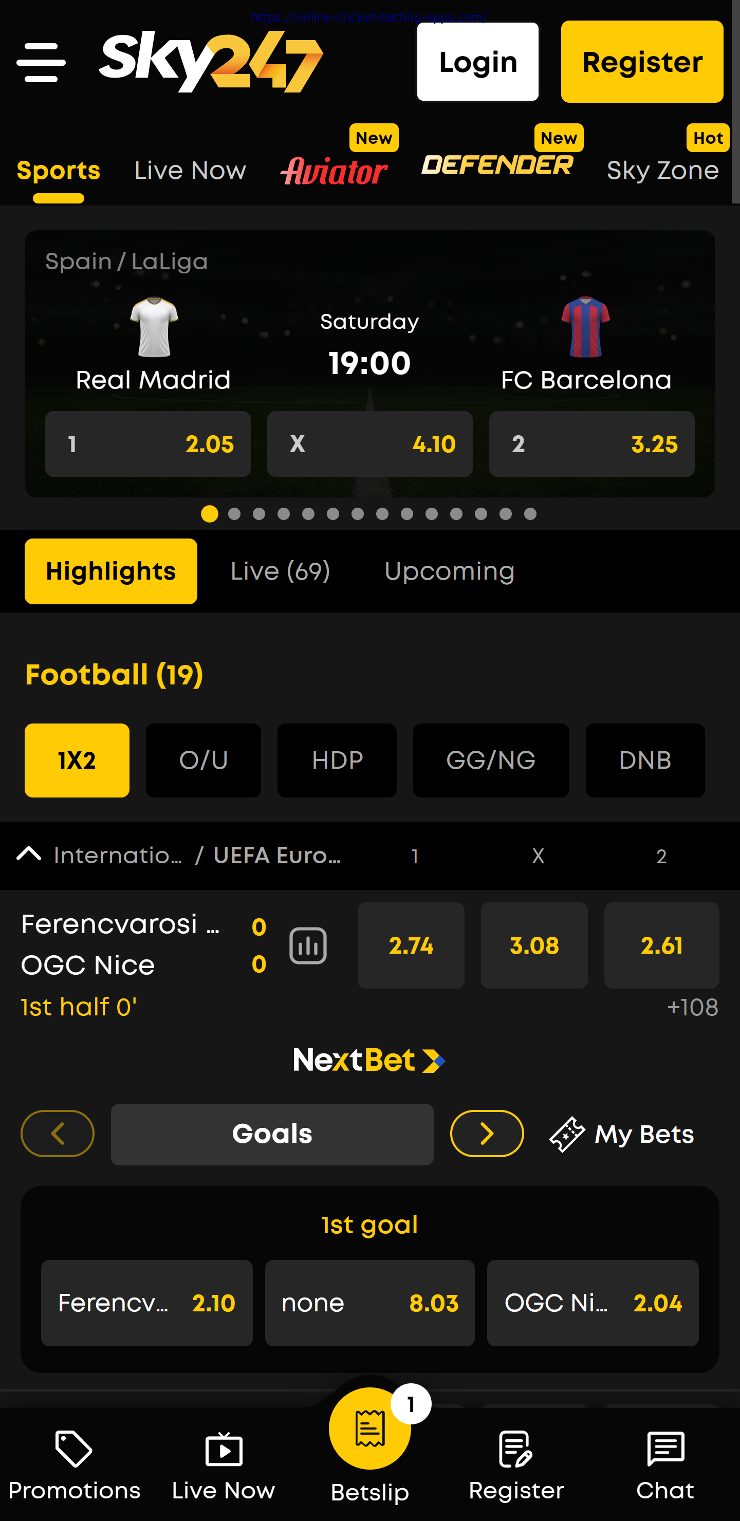 Sky247 app home page