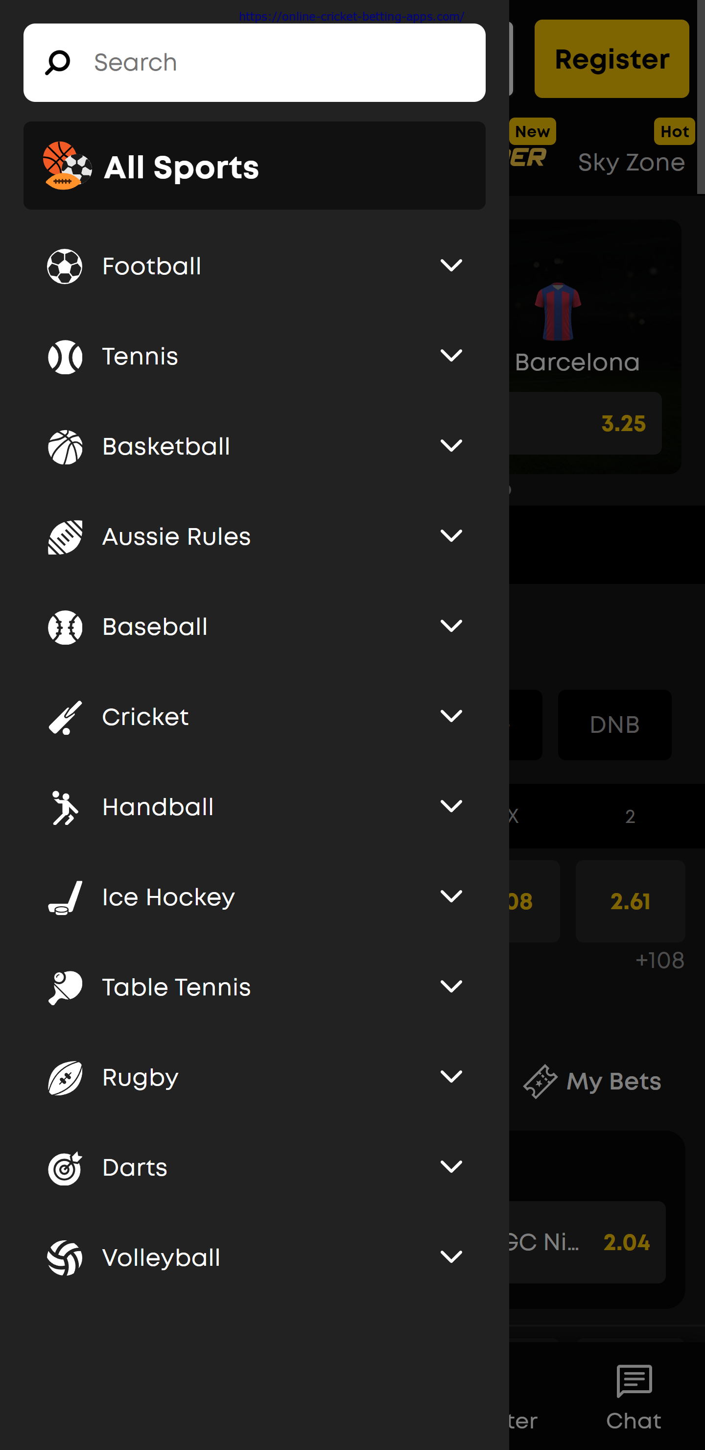 Sky247 mobile app menu
