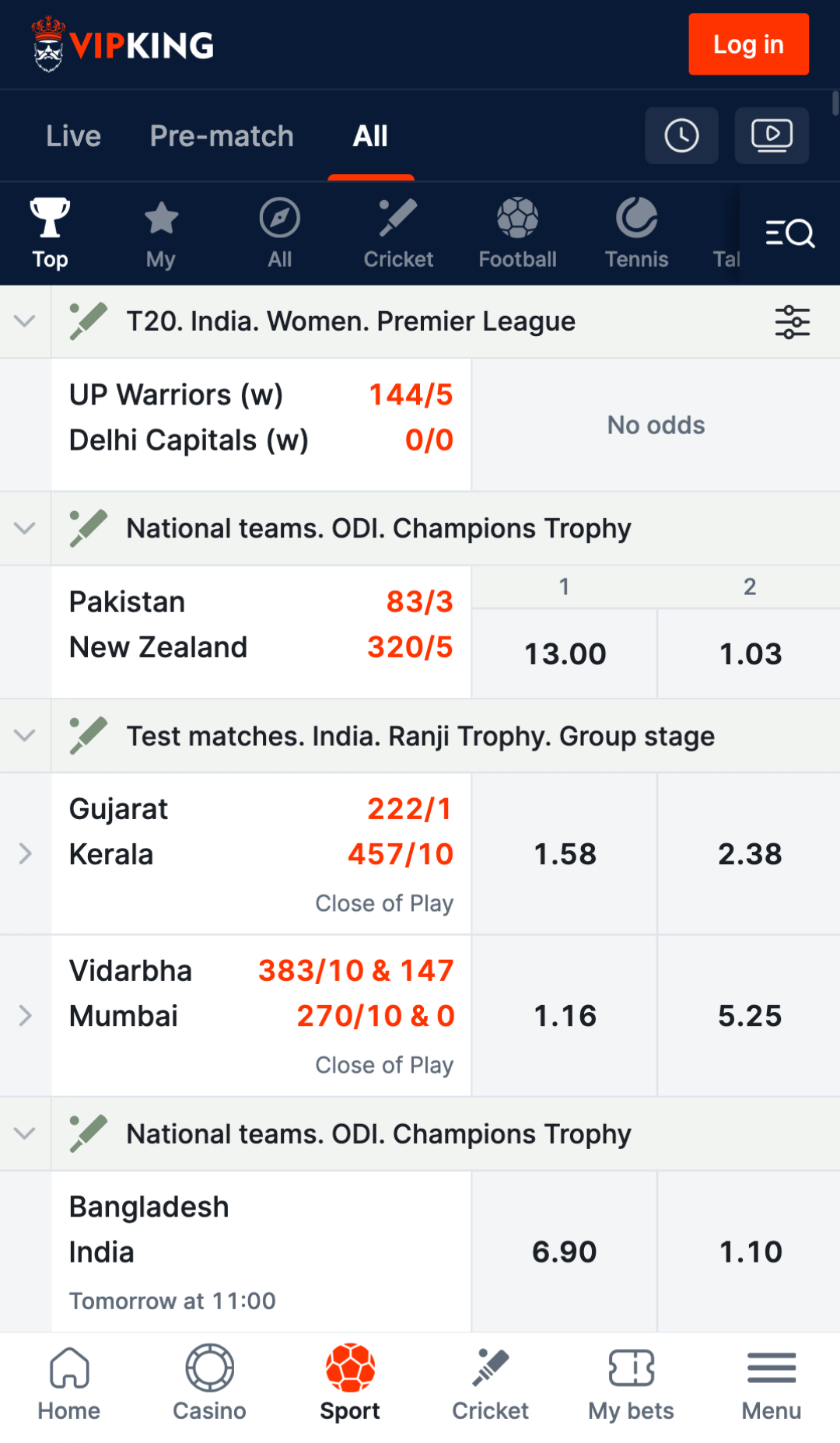 Vipking mobile app betting on cricket screenshot