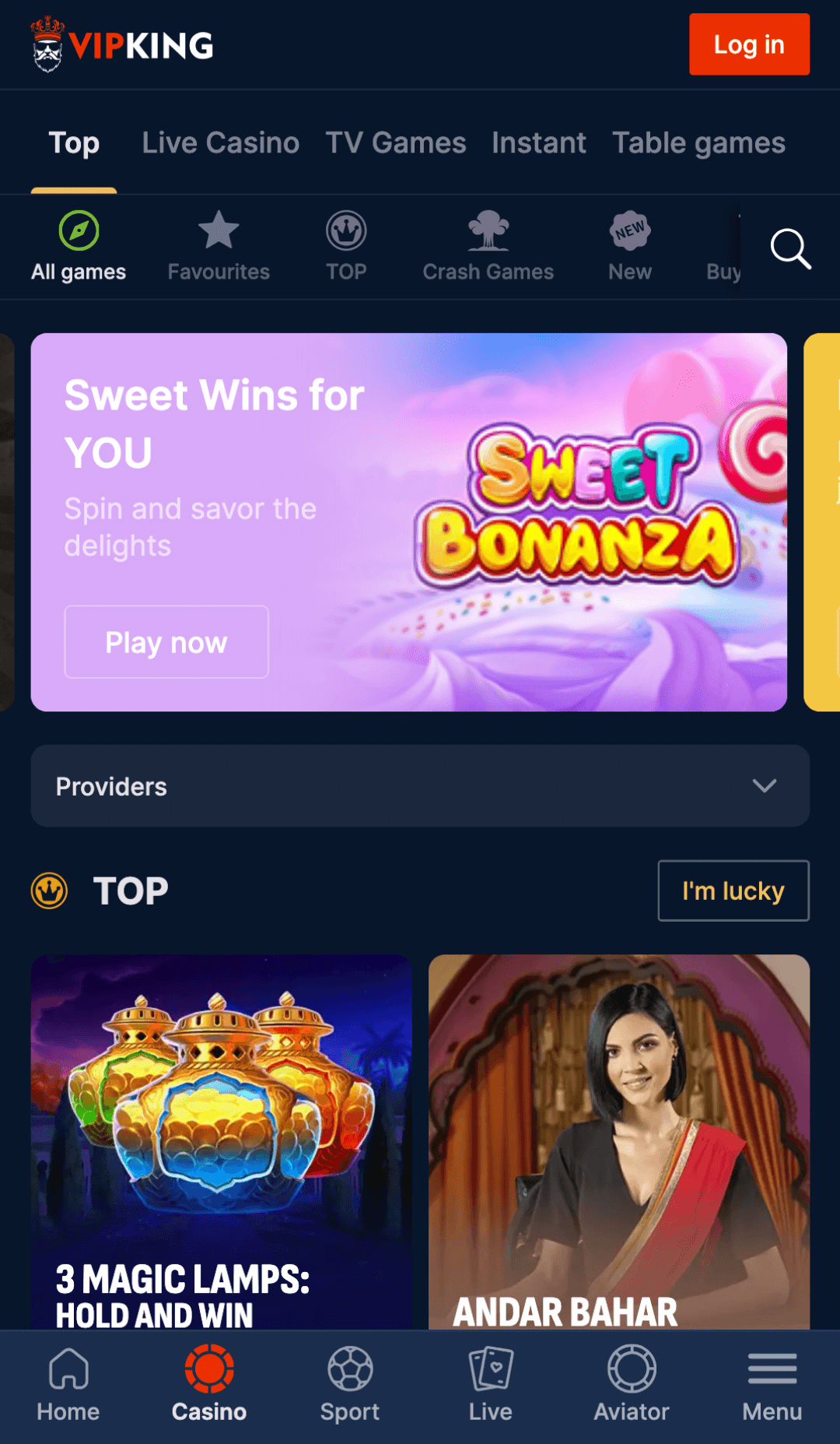 Vipking mobile app casino tab screenshot