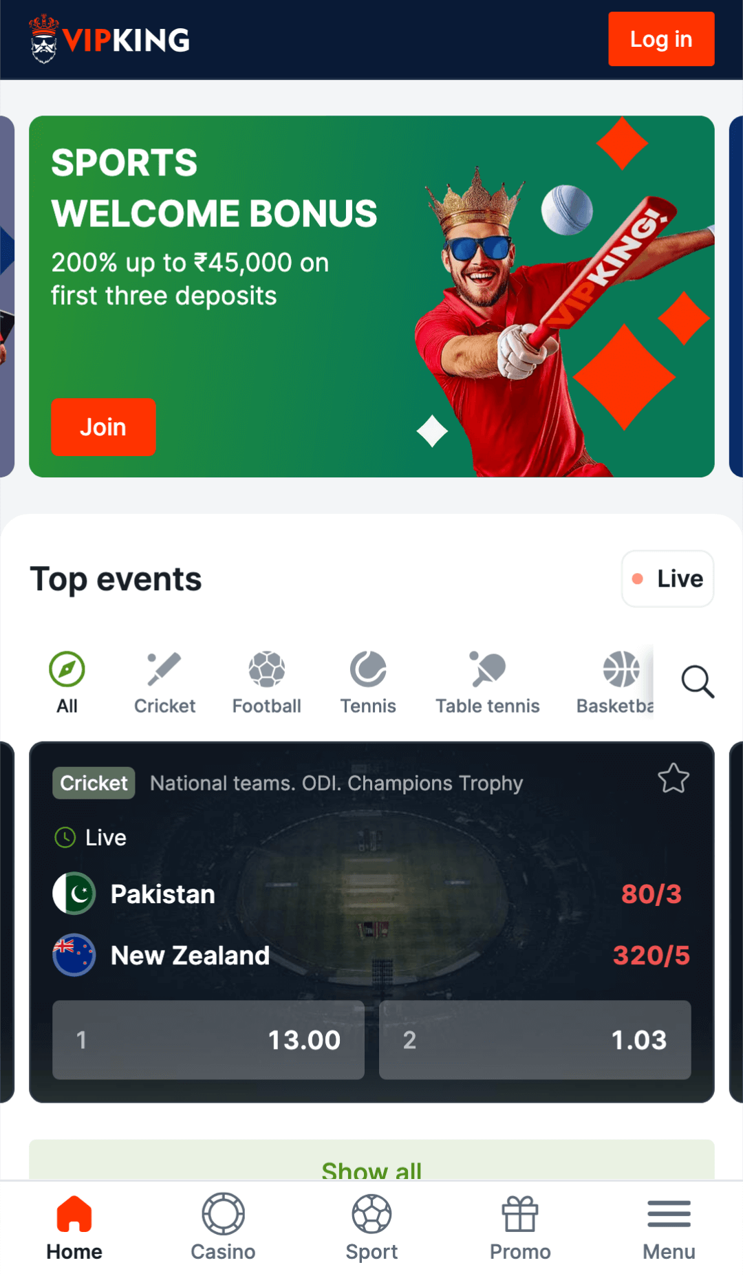 Vipking mobile app home page screenshot