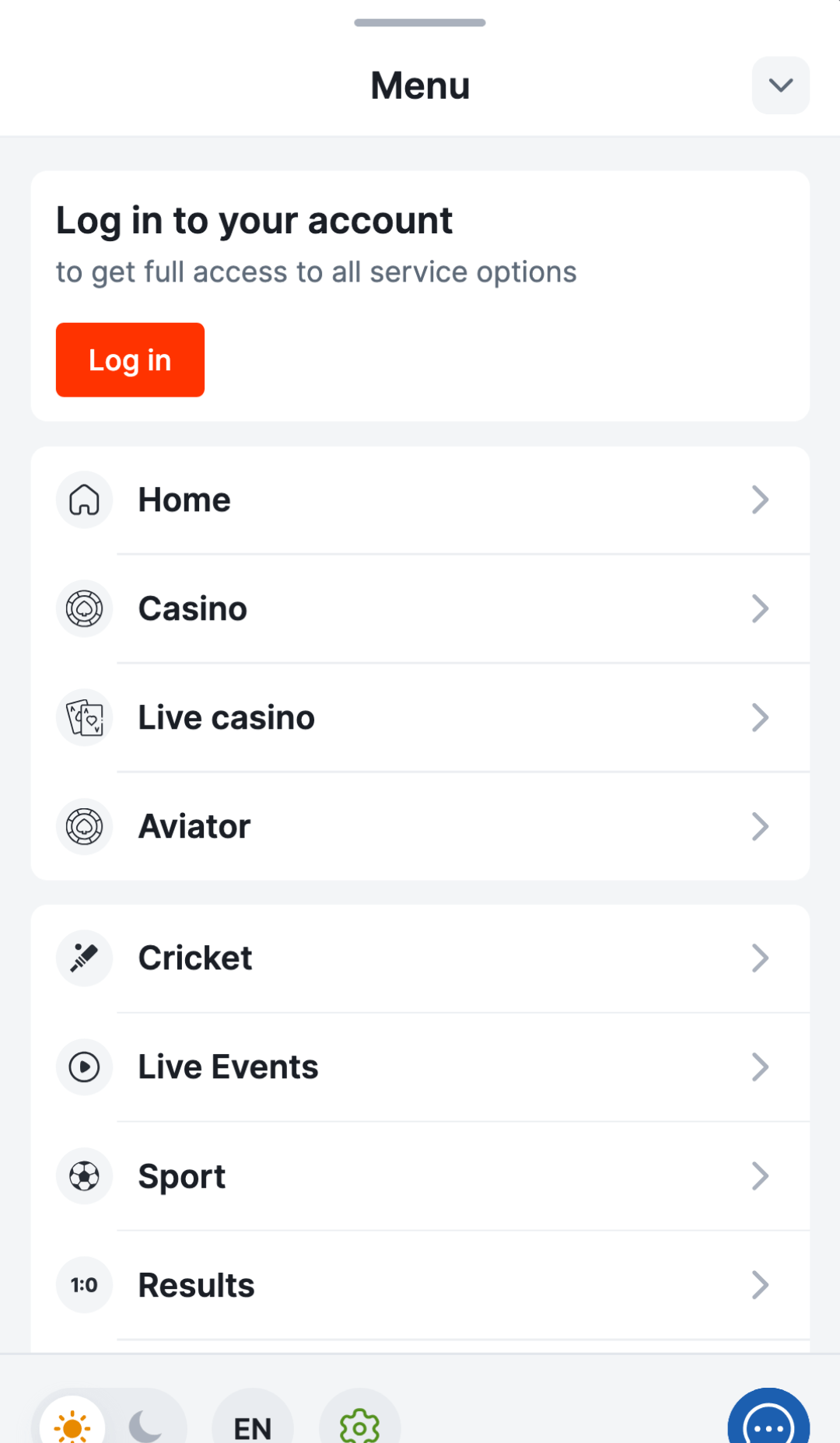Vipking mobile app menu screenshot